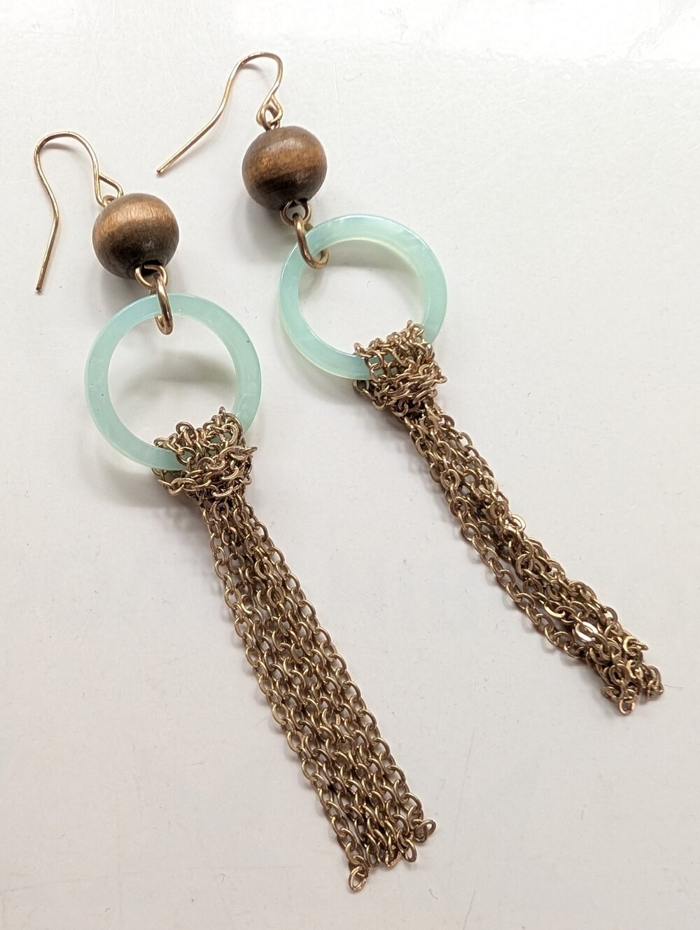 Bohemian Style Beach Coastal Wood Beaded Chain Tassel Hook Dangle Earrings